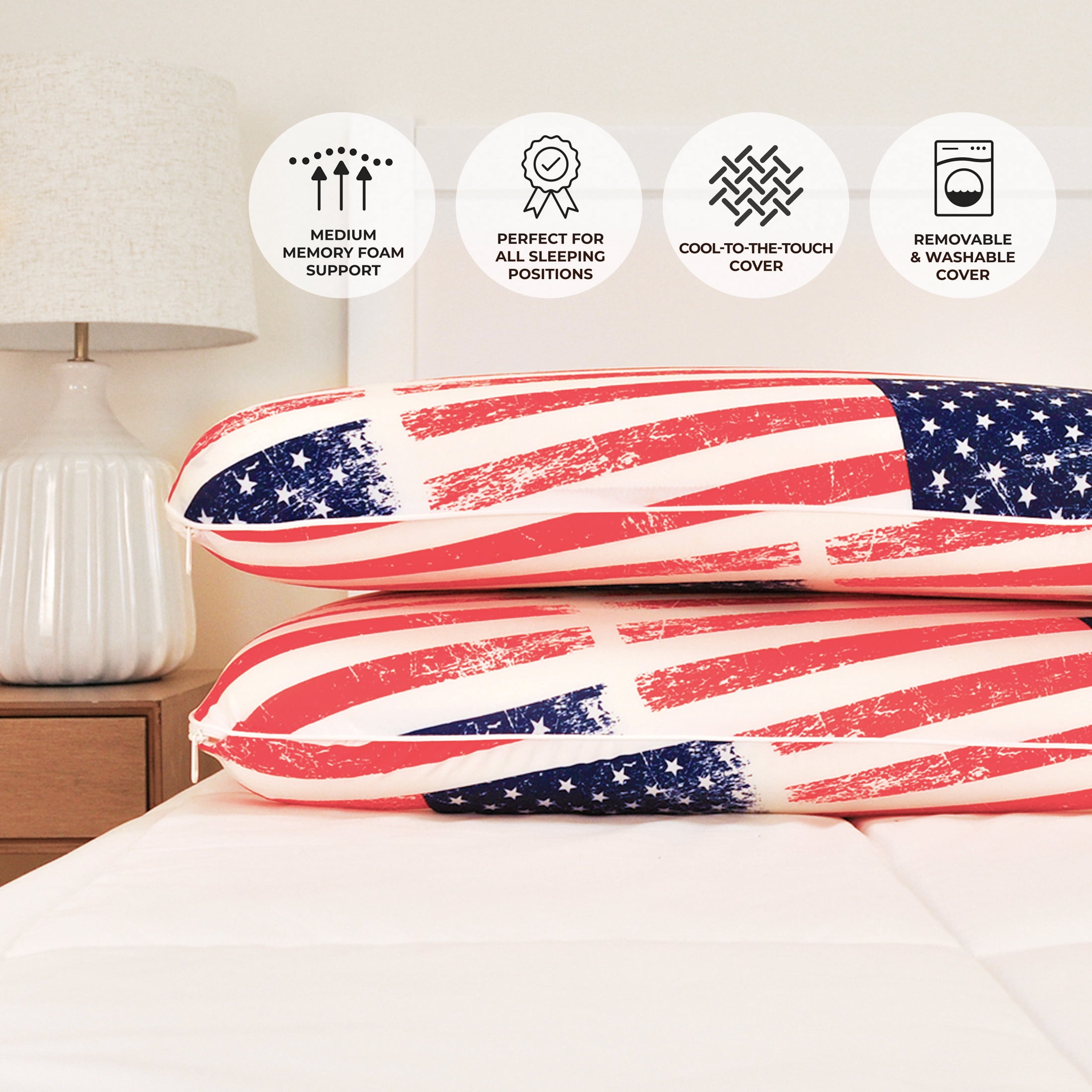 Imaginarium US Flag Memory Foam Fun Pillow with Cool-to-the-Touch Cover, Standard/Queen