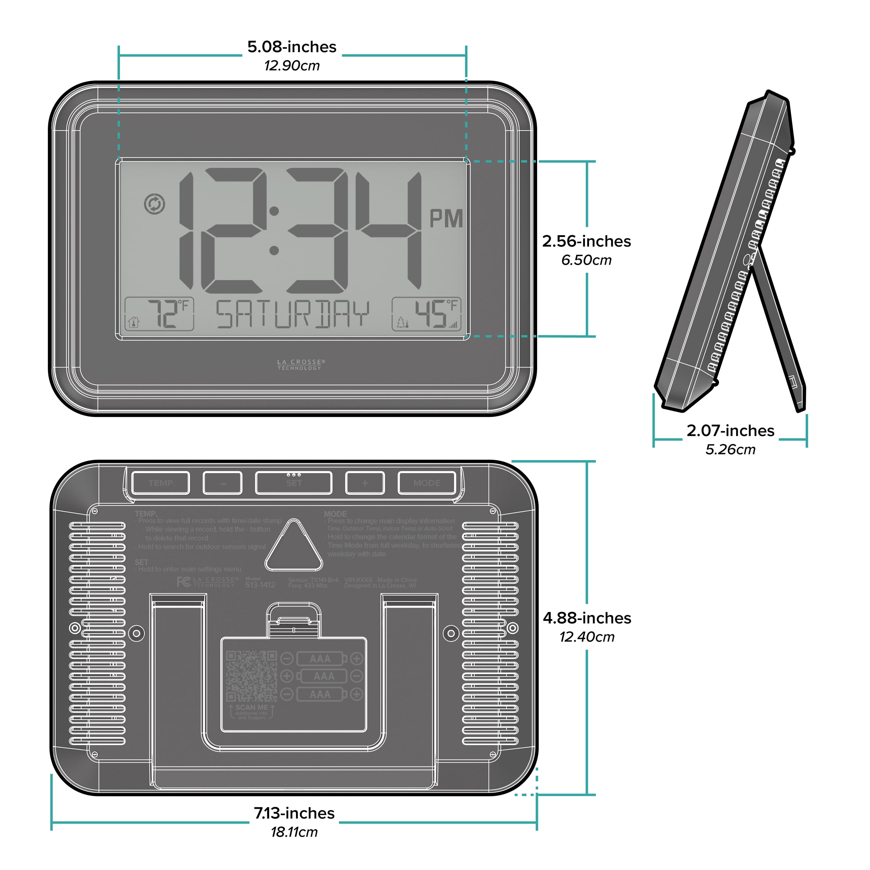 La Crosse Technology Black Digital Wall Clock with Indoor & Outdoor Temperature, 513-1412