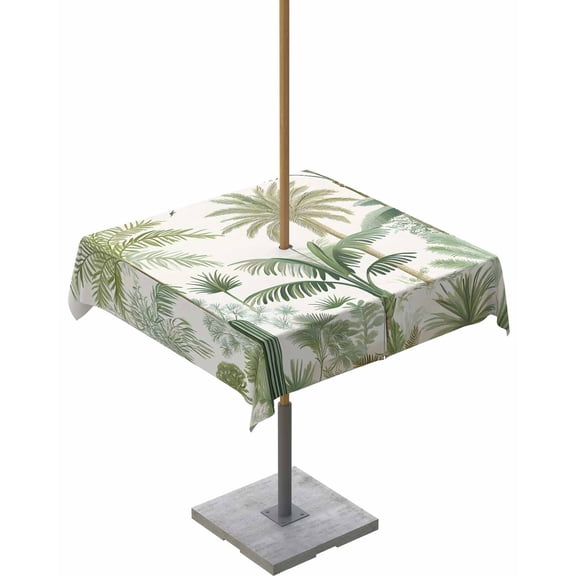 Hokiten Outdoor Tablecloths with Umbrella Hole & Zipper, Green Palm Trees 60x60 Inch Square Tablecloths, Farmhouse Summer Leaves Plants Birds Waterproof Table Cloth, Patio/Pool/Picnic Table Covers