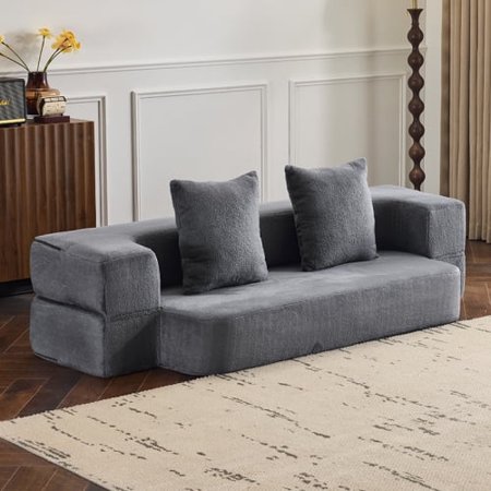 FFH Futon Sofa Bed Queen Size with Mattress,Velvet Floor Sofa Bed,Fold Out Couch Bed with 2 Pillows Convertible Sleeper Sofa Mattress for Living Room,Guest,Playroom 74.81" x 40.96"(Gray)