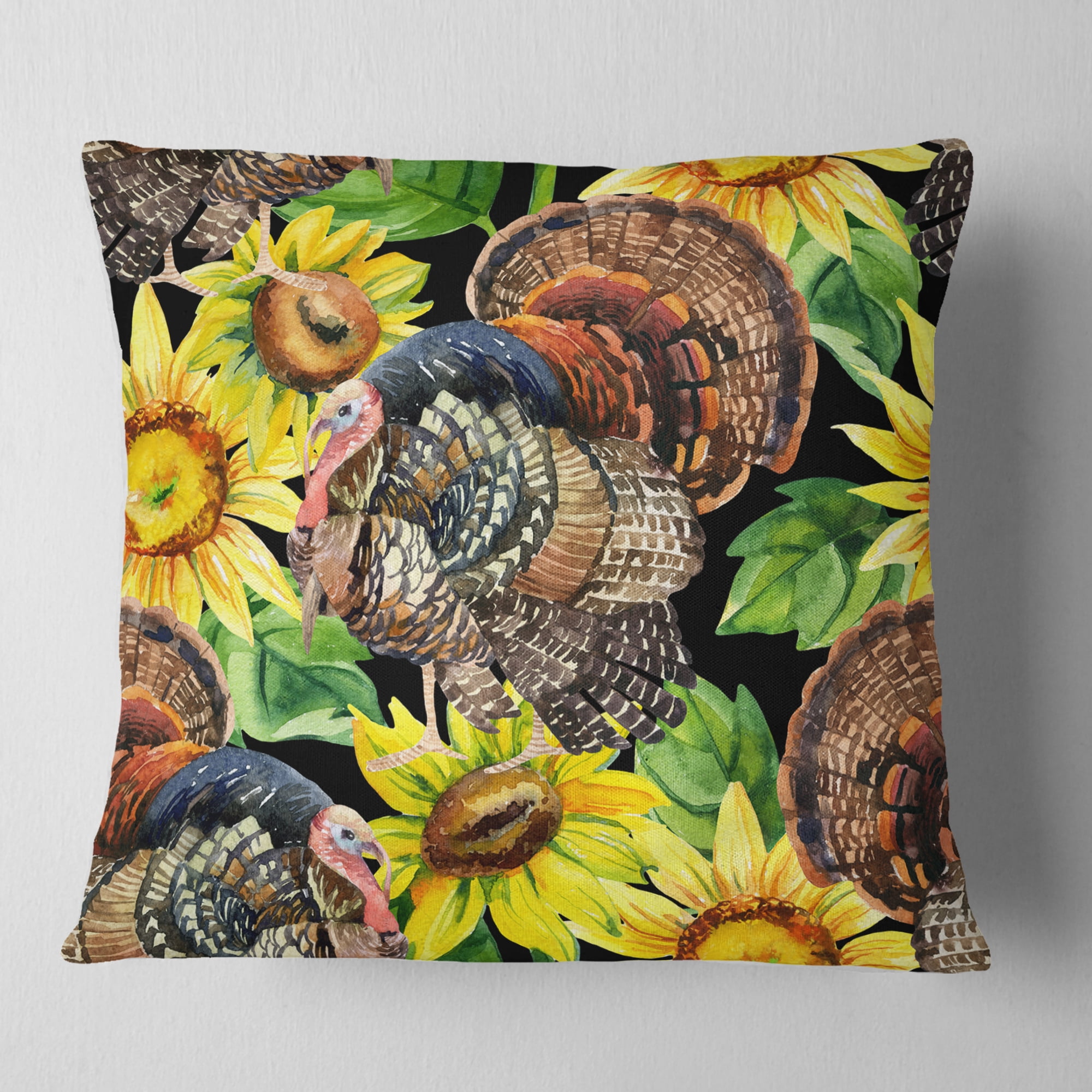 Designart Turkey Bird with Sunflowers - Floral Throw Pillow - 16x16