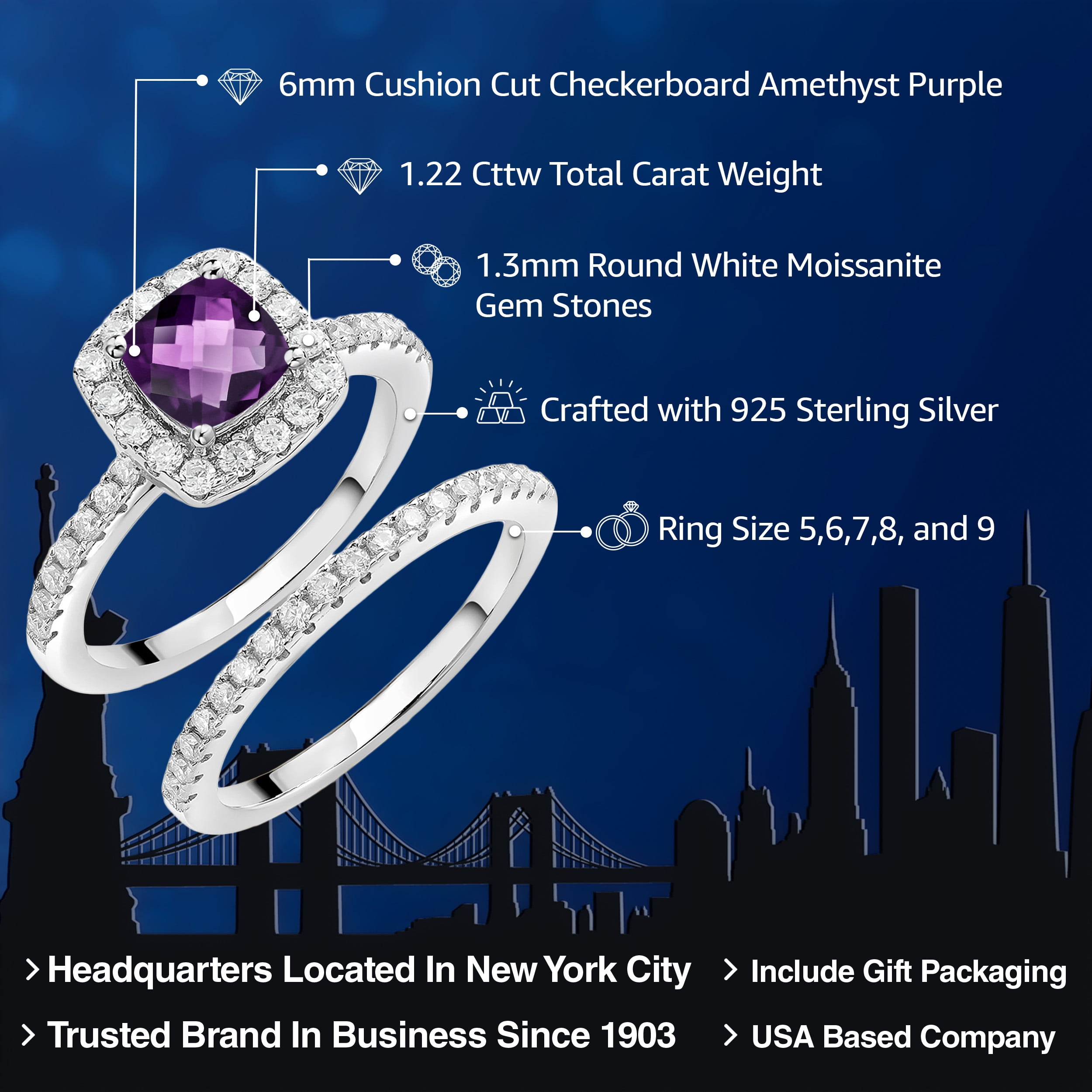 Gem Stone King 925 Sterling Silver Wedding Engagement Ring Band Bridal Amethyst Moissanite (1.22 Cttw)