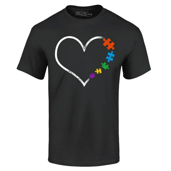 Shop4Ever Men's Autism Love Heart Puzzle Pieces Graphic T-shirt Small Black