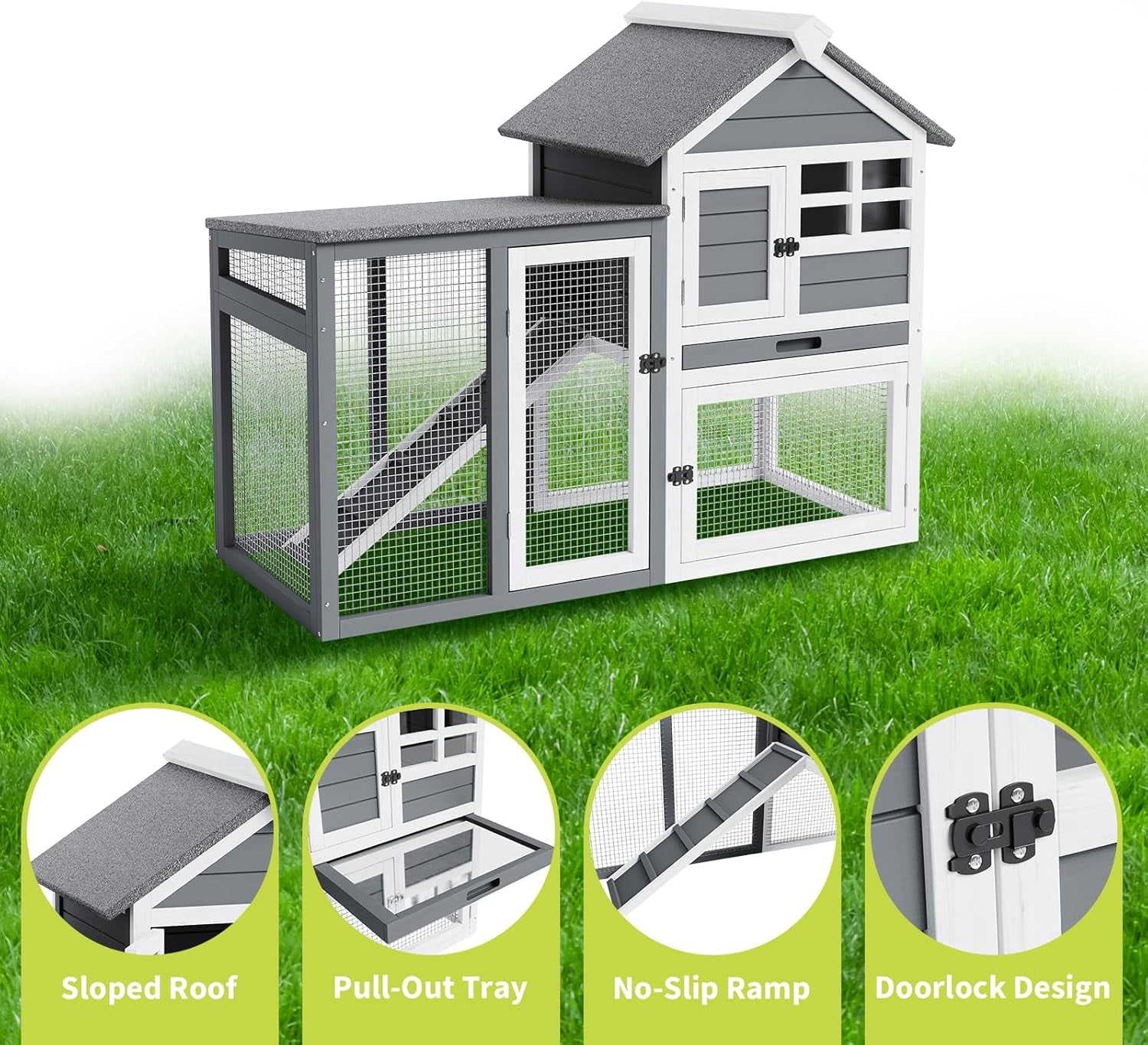 Trilenars 2-Tier Large Rabbit Hutch with Pull Out Tray,Grey