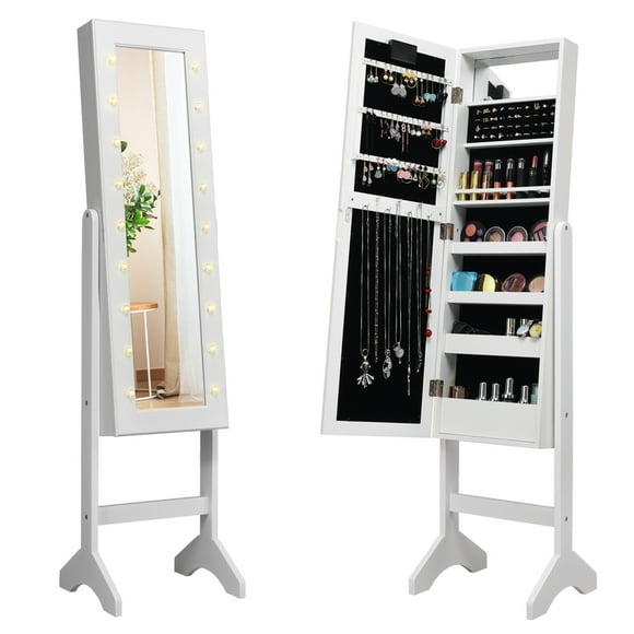 Costway Mirrored Jewelry Cabinet Armoire Organizer Free Standing w/ 18 LED lights White
