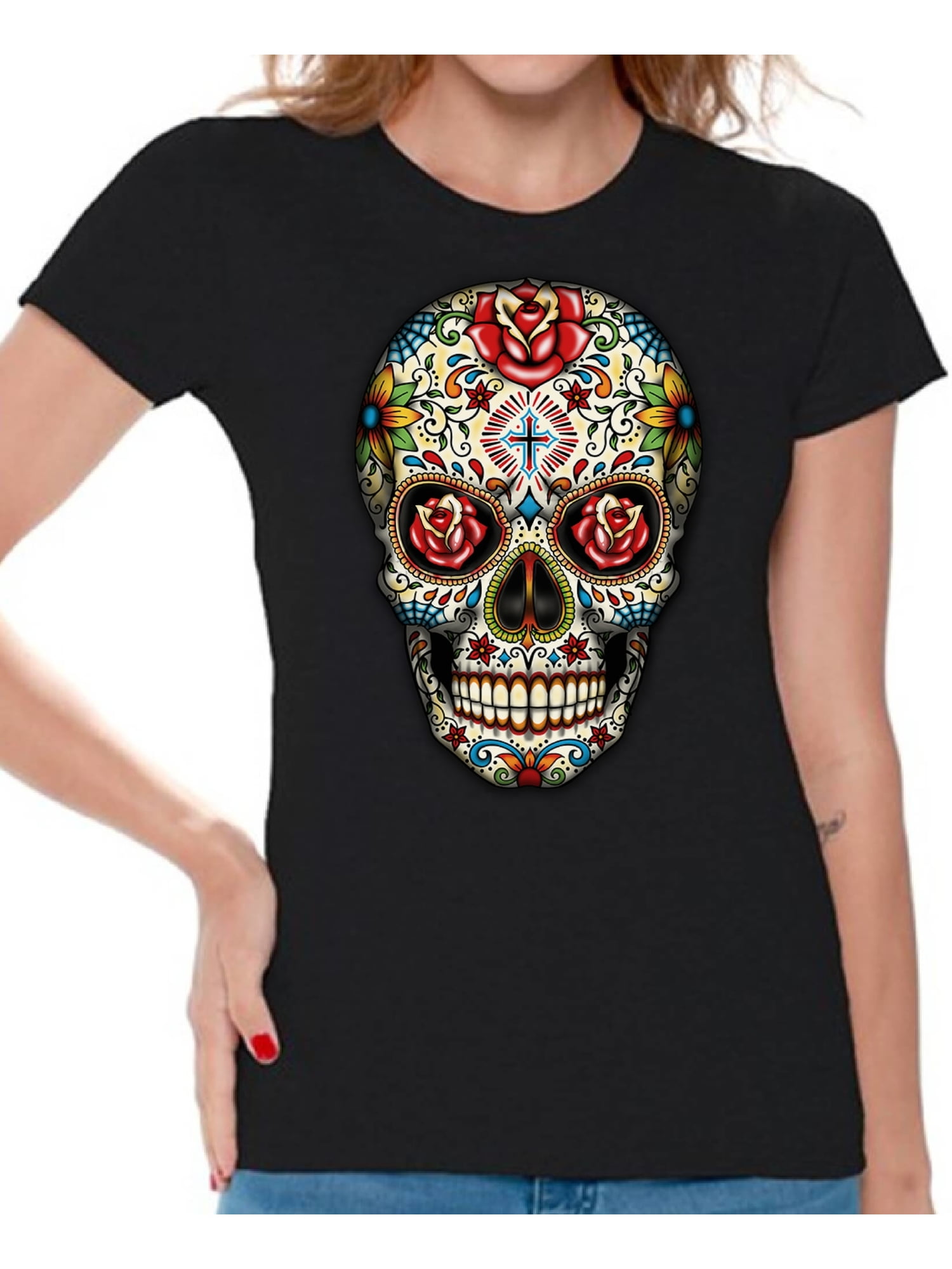Rhinestone Sugar Skull T Shirt Colorful Floral Roses Tattoo Women's Small to 3XL 