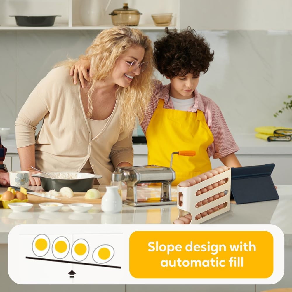Egg Holder for Fridge, 2026 New Auto Rolling Fridge Egg Organizer, Egg Dispenser for Refrigerator, 4 Tiers Fridge Egg Rack for Refrigerator, Large Capacity/Holds 30 Eggs (Beige)