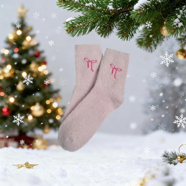 Calcetines de mujer con lazo en tejido de visón sintético para un uso acogedor en casa. Calcetines de poliéster para mujer.