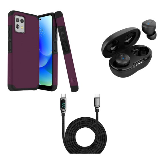 BD Combo Bundle Case for Moto G Power 5G 2023 Case - (Dark Purple) Dual Shockproof Protector Armor Case with Wireless Earbuds with Charging Case, Digital LED Display USB-C to USB-C Cable (3.3 Feet)