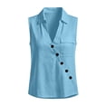 thumbnail image 4 of aohooy Womens Sleeveless V Neck Shirts Cotton Linen Oblique Button Decorate Blouse Loose Collared Work Tank Tops with Flap Pocket Light Blue,M, 4 of 8