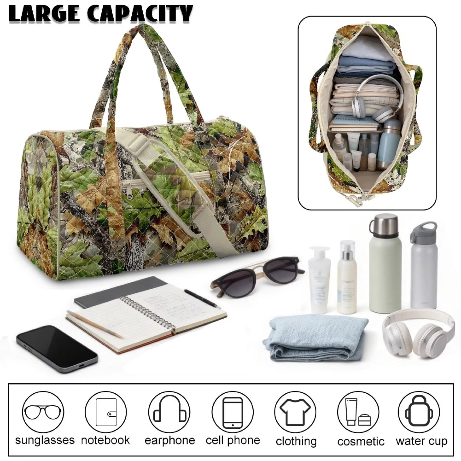 Pzuqiu Camo Hunting Large Quilted Weekender Bag for Women Lightweight Puffer Duffle Carry-On Tote with Adjustable Strap for Travel, Gym, Overnight Trips Portable Travel Bags