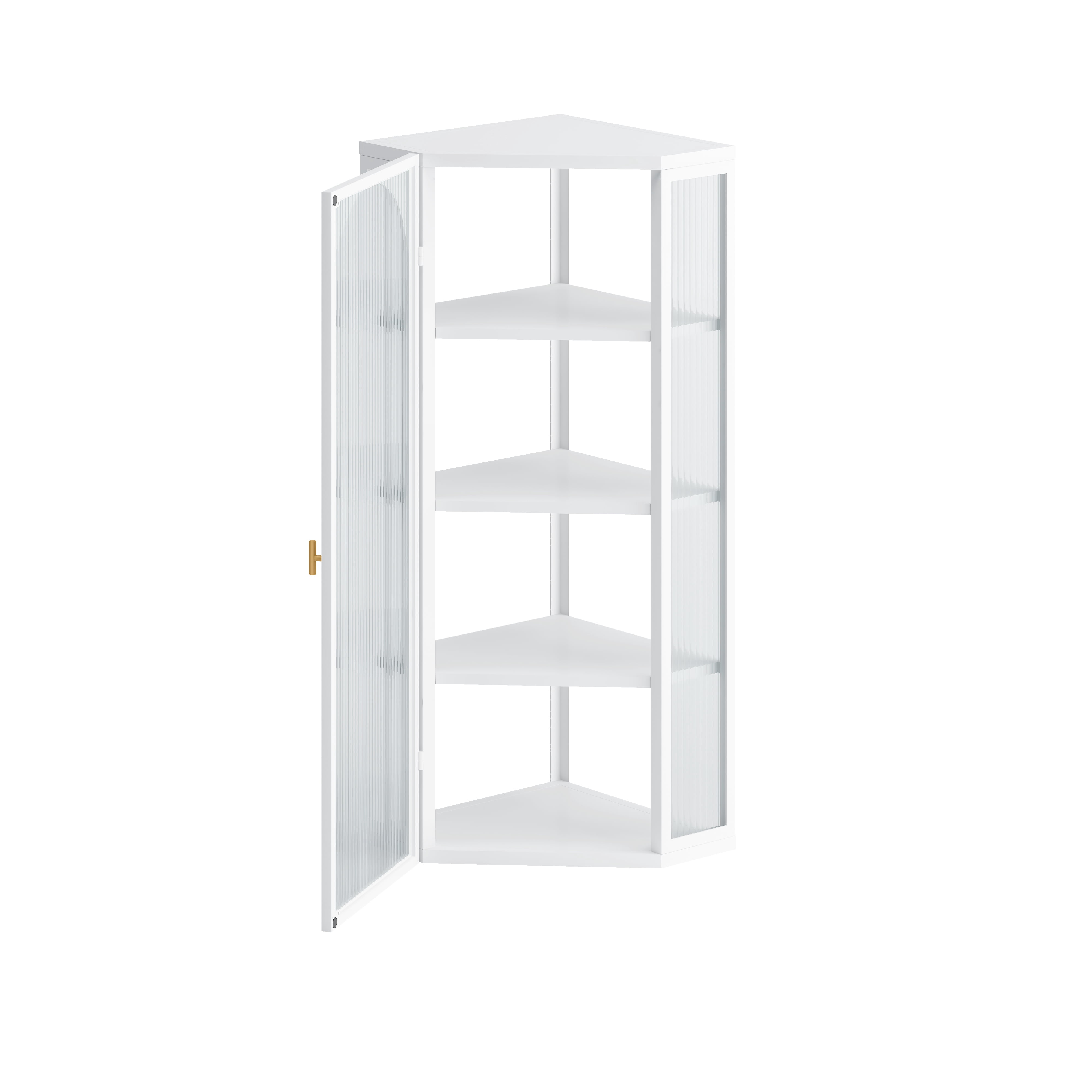 Wall Mounted Corner Cabinet 41.34 Inch, 4-Tier Glass Door Storage with Ribbed Glass and Metal Frame, Bathroom Organizer and Living Room Display Cabinet, White