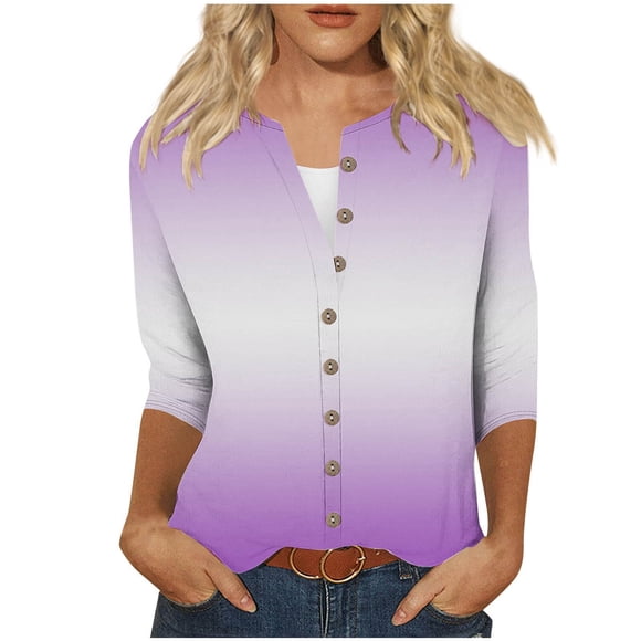 LLYwey Chandails à Manches Longues en Liquidation Mode pour Femmes T-Shirt Ample Imprimé Blouse à Manches 3/4 Col Rond Boutons Hauts Col Rond Chandails à Manches Longues Blouses Chemises Violet TTG