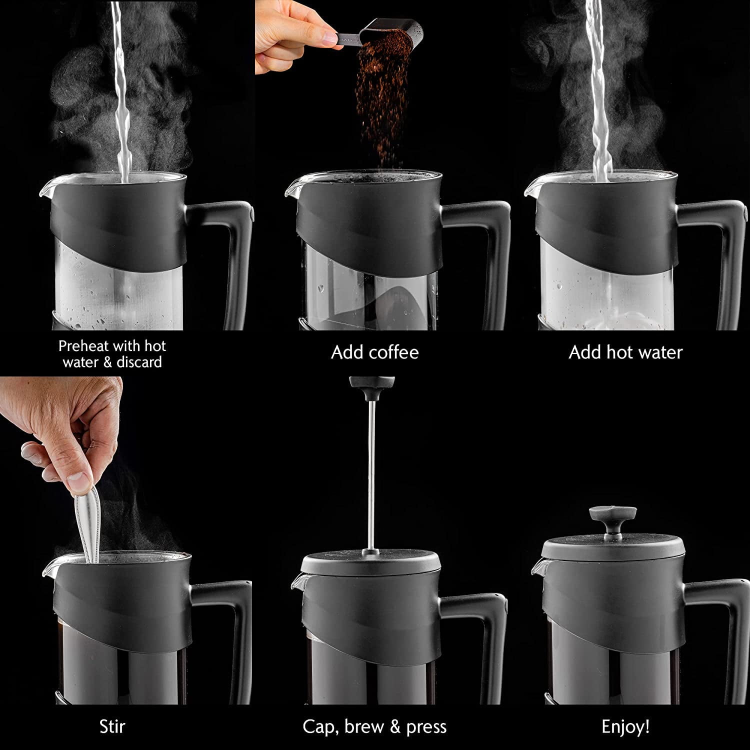 OVENTE French Press Coffee Maker 20 Ounce with Heat Resistant Borosilicate Glass & Stainless Steel 4-Level Filtration System, Portable Cold Brew Coffee Maker for Travel, Camping or Gift, Black FPW20B