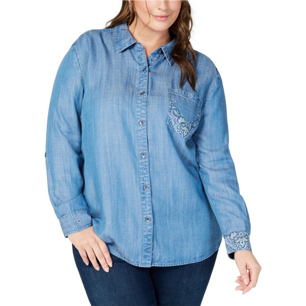 Style & Co. Camisa con botones tipo bandana para mujer, azul, 3X
