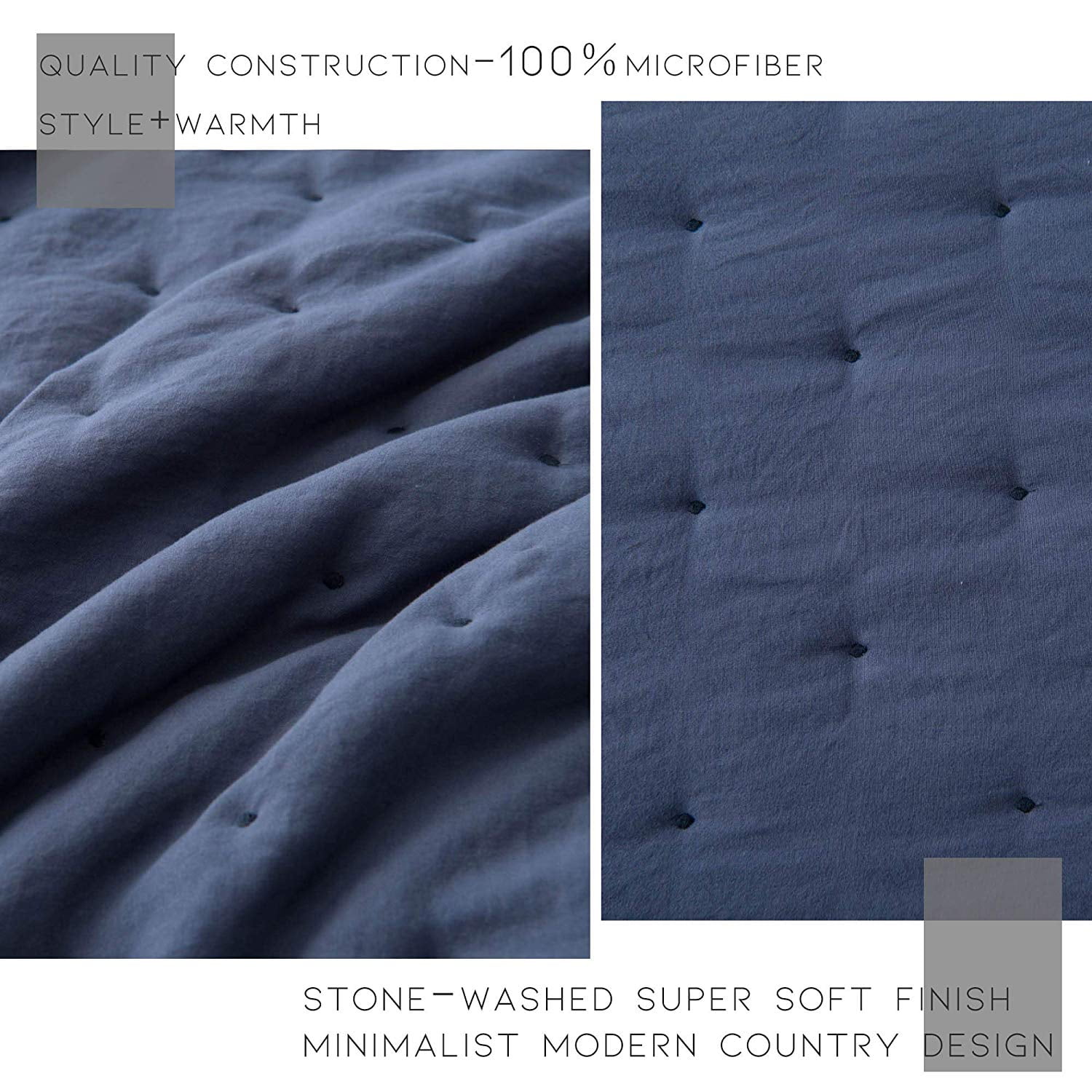 Kasentex  3-Piece Quilt Set Ultra Soft Microfiber Stone-Washed Lightweight All Season Blue Queen