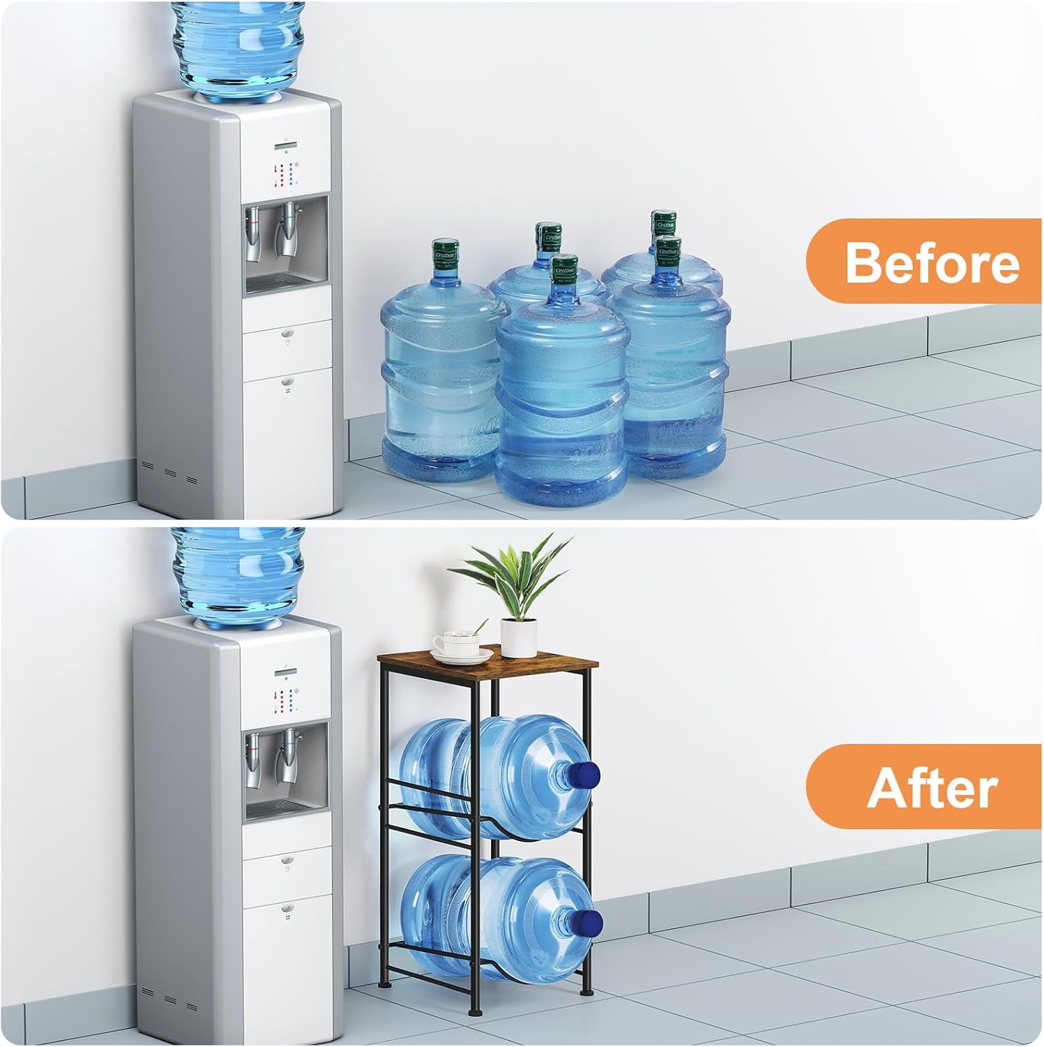 Water Bottle Holder Organizer 5 Gallon Water Jug Holder with Top Shelves 2 Tier Water Cooler Jug Storage Rack Heavy Duty Water Dispenser Stand for 5 Gallon Bottle Kitchen Office Living Room Brown