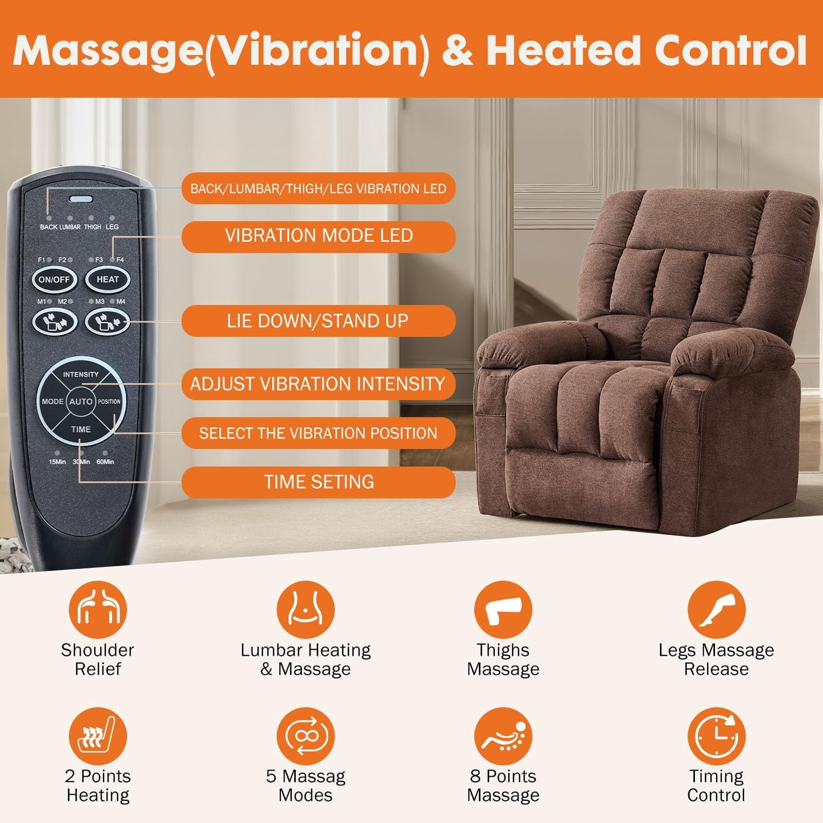 Power Lift Recliner Chair with Vibration Massage and Heat for Elderly, Ergonomic Overstuffed Breathable Fabric Reclining Chair,Brown