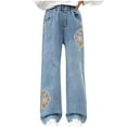 thumbnail image 2 of MKOSPLRT High Waist Jeans for Girl 5-13 Years Baggy Wide Leg Jeans Casual Straight Leg Denim Pants Fashion Floral Lace Jeans with Pocket, 2 of 5