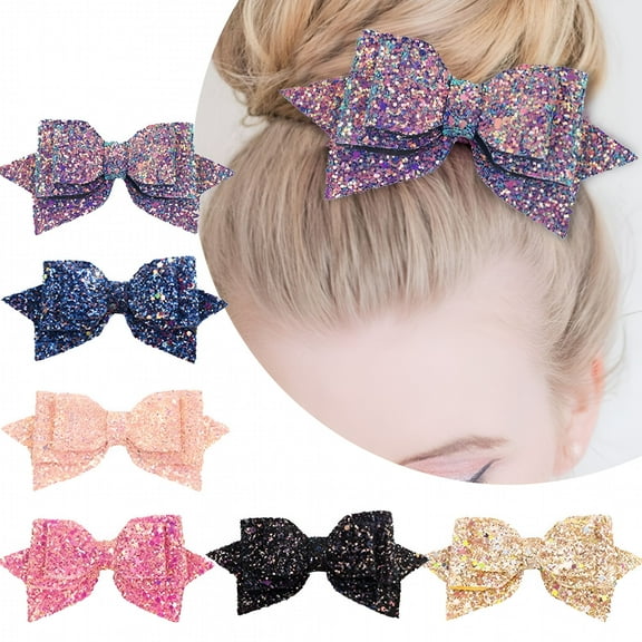 VANIDO 5 Inch Glitter Hair Bows Hair Clips 6 Pcs Multi Color Glitter Sequins Big Hair Bows for Baby Girls Teens Toddlers
