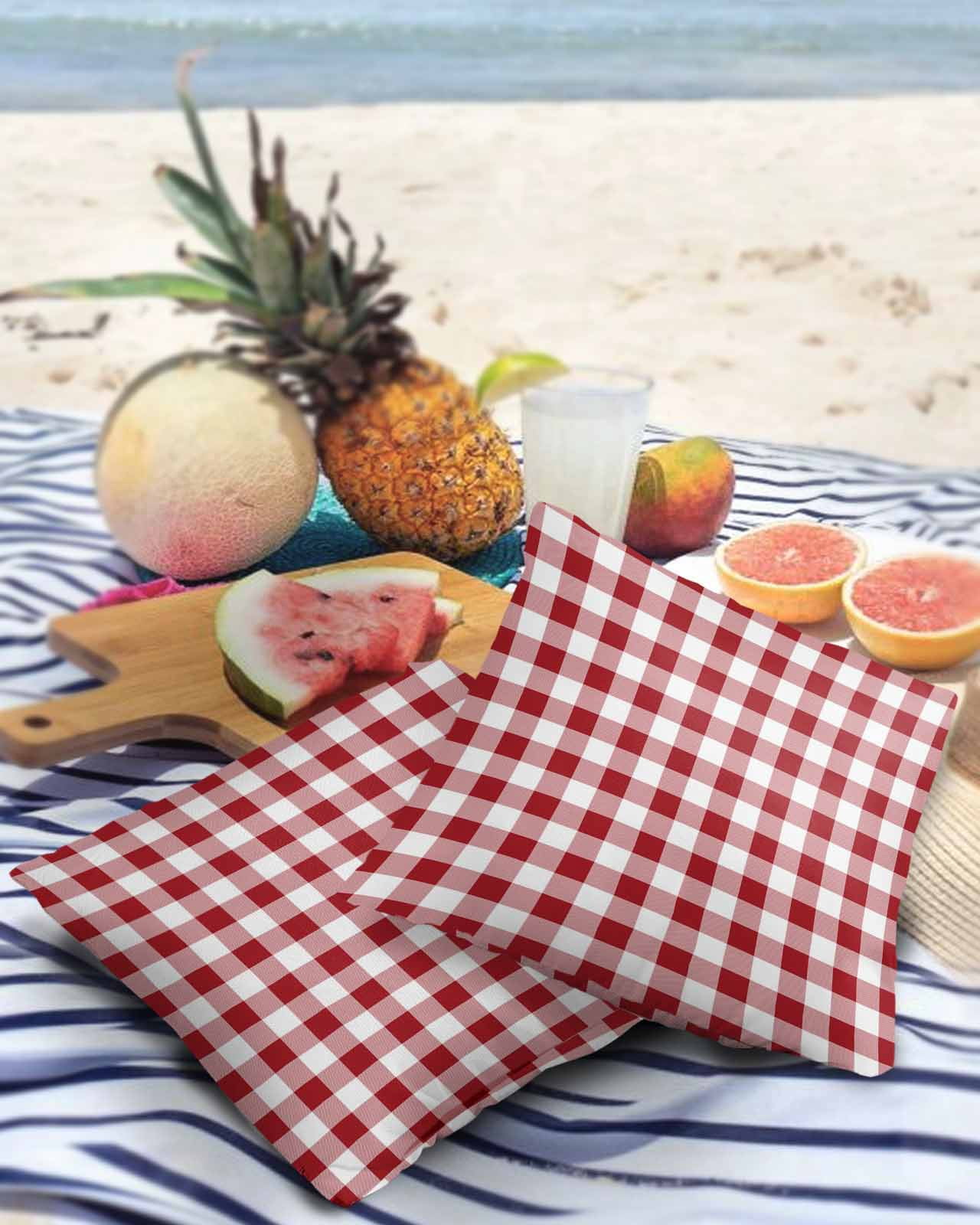 Outdoor Waterproof Throw Pillow Covers Set of 2 Red White Plaid Decorative Pillowcases Square Outdoor Pillows Cushion Case 18x18 Inch Buffalo Check Geometric Patio Pillows for Couch Sofa Bed Garden