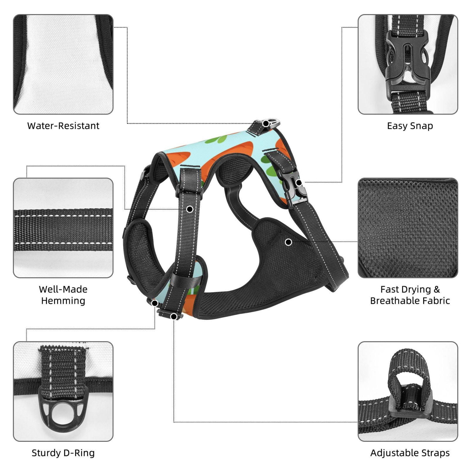 Fuzoiu Cartoon Carrot Print Reflective Dog Harness,Adjustable, Breathable Pet Vest,Dog Harness No Pull,No Choke Pet Vest for Small, Medium, and Large Dogs-Small