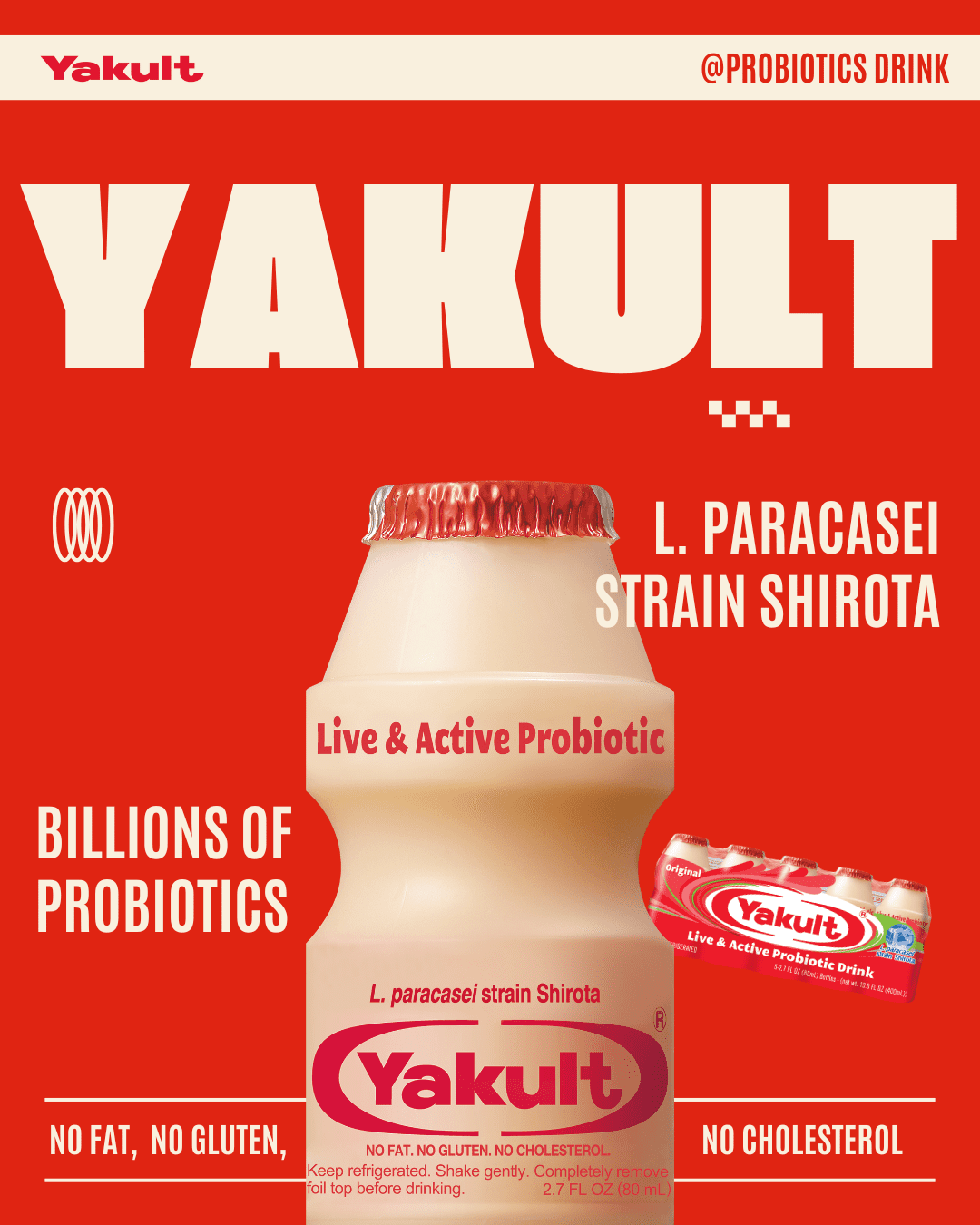 Yakult Non-Fat Live & Active Probiotic Drink, 2.7 fl oz, 5 Count, Gluten Free, Fat Free, Cholesterol Free- Yogurt section