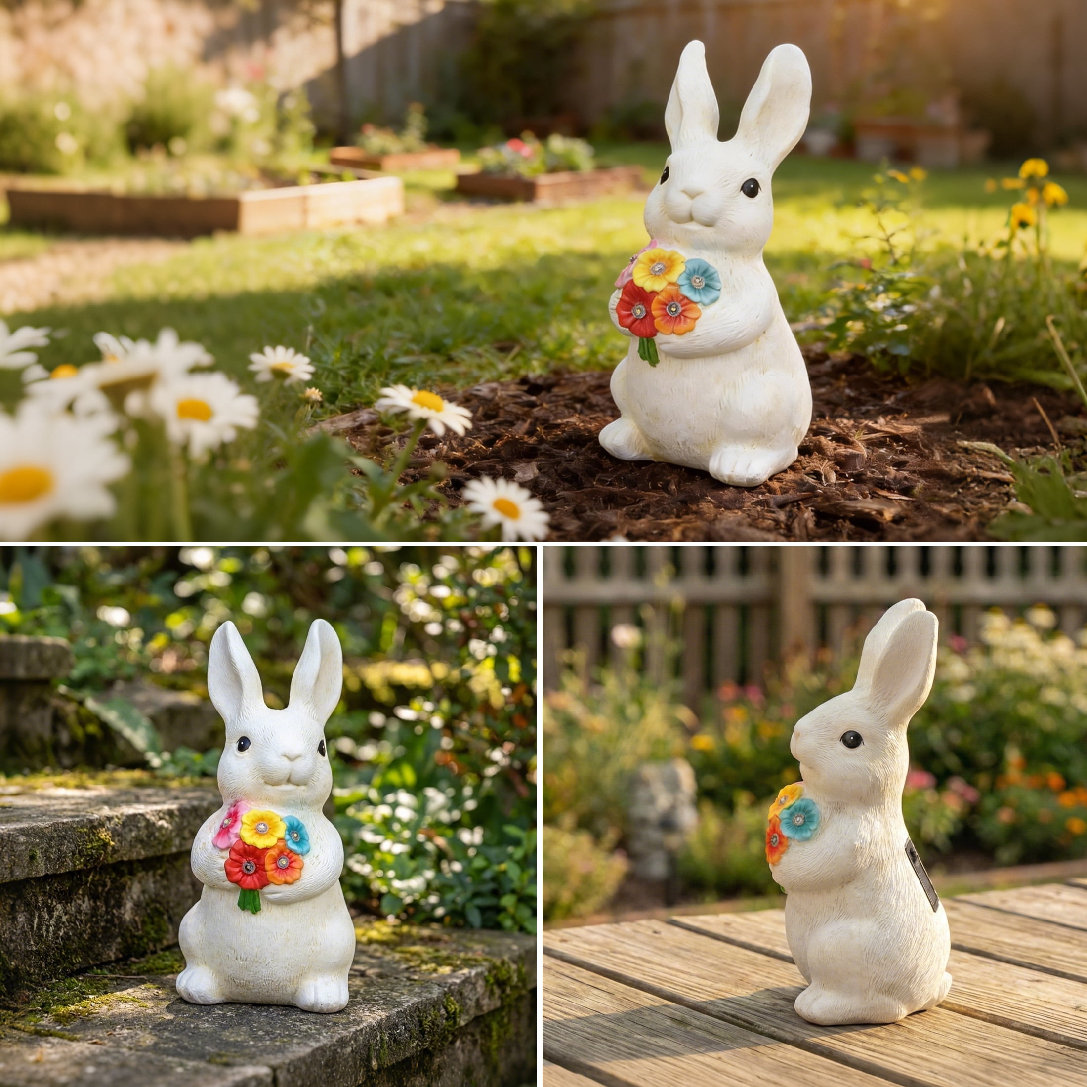 The Growing Ground Solar Bunny Garden Statue with LED Light, Outdoor Resin Rabbit Lawn Decor for Garden, Patio, Pathway, 10.4"H, Cream