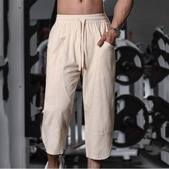 Nmnitkp Mens Linen Pants Casual Lightweight 3/4 Baggy Pants Drawstring Elastic Waist Beach Yoga Pants with Pockets