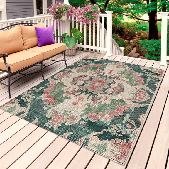 Pink Green Boho Outdoor Rug 4x6 Ft, Non Slip Washable Area Rug, Abstract Medieval Vintage Ethnic Floral Patio Rugs Carpet Runner, Large Floor Mat for Indoor/Outdoor Deck Porch Camping