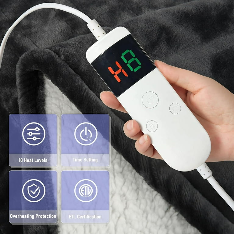 Mia&Coco Twin Electric Blanket – Flannel Heated Blanket, 10 Heat Levels, 10-Hour Auto-Off, Machine Washable, Gray