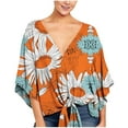 thumbnail image 1 of Camisas de Manga Larga para las Mujeres Impreso Cuello en V Corbata de Manga Media Suelta, Blusa de Verano Casual, 1 of 6