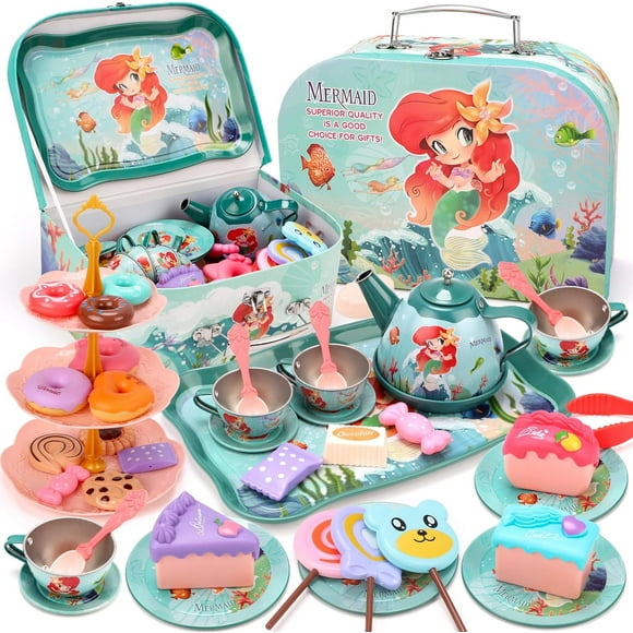 shiyou-QIZEBABY Tea Party Set for Girls,Kids Tin Tea Set Including Teapots & Teacups & Dishes & Dessert & Icecream,Princess Pretend Play Toy,Play Kitchen Accessories for Toddler,Gift for 3 4 5 6 Year