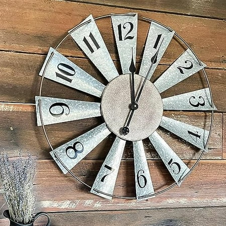 24 Inch Metal Windmill Clock Large Farmhouse Clocks Outdoor Indoor Decor Wall Hanging,Galvanized Silver$$Home Decor, Kitchen, & Other