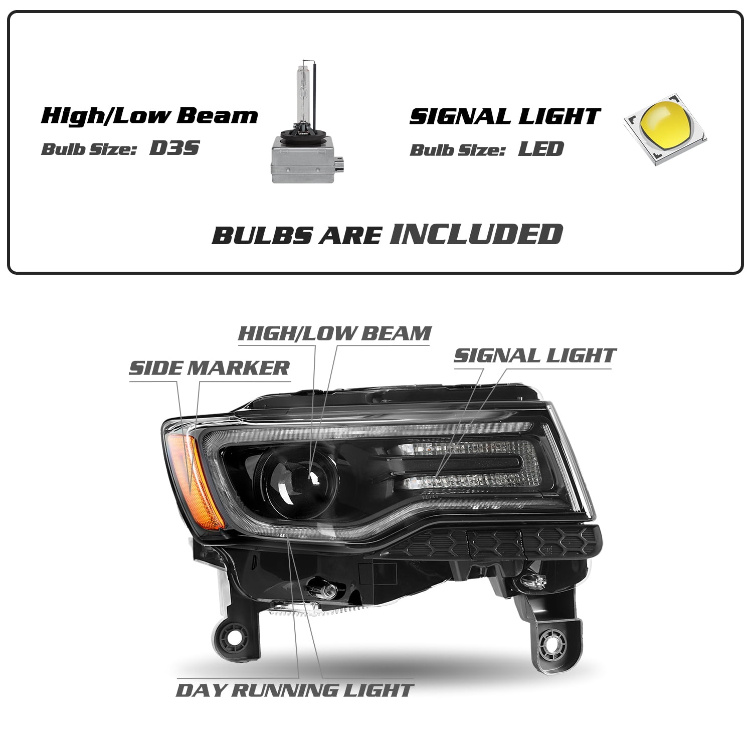 Black Headlights For 2014-2021 Jeep Grand Cherokee w/Bulbs&Ballast HID Lamp LH/RH
