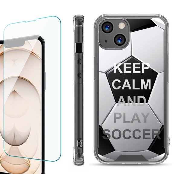 Shockproof Bumper Phone Case for iPhone 13, with Tempered Glass Screen Protector, by OneToughShield ® - Keep Calm Soccer