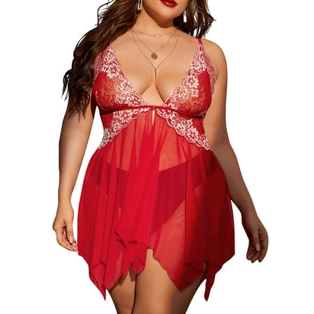 

Wrcnote Women Babydoll Nightgown Chemises Lace Modal Sleepwear V-Neck Full Slip Sleep Dress Red 2XL