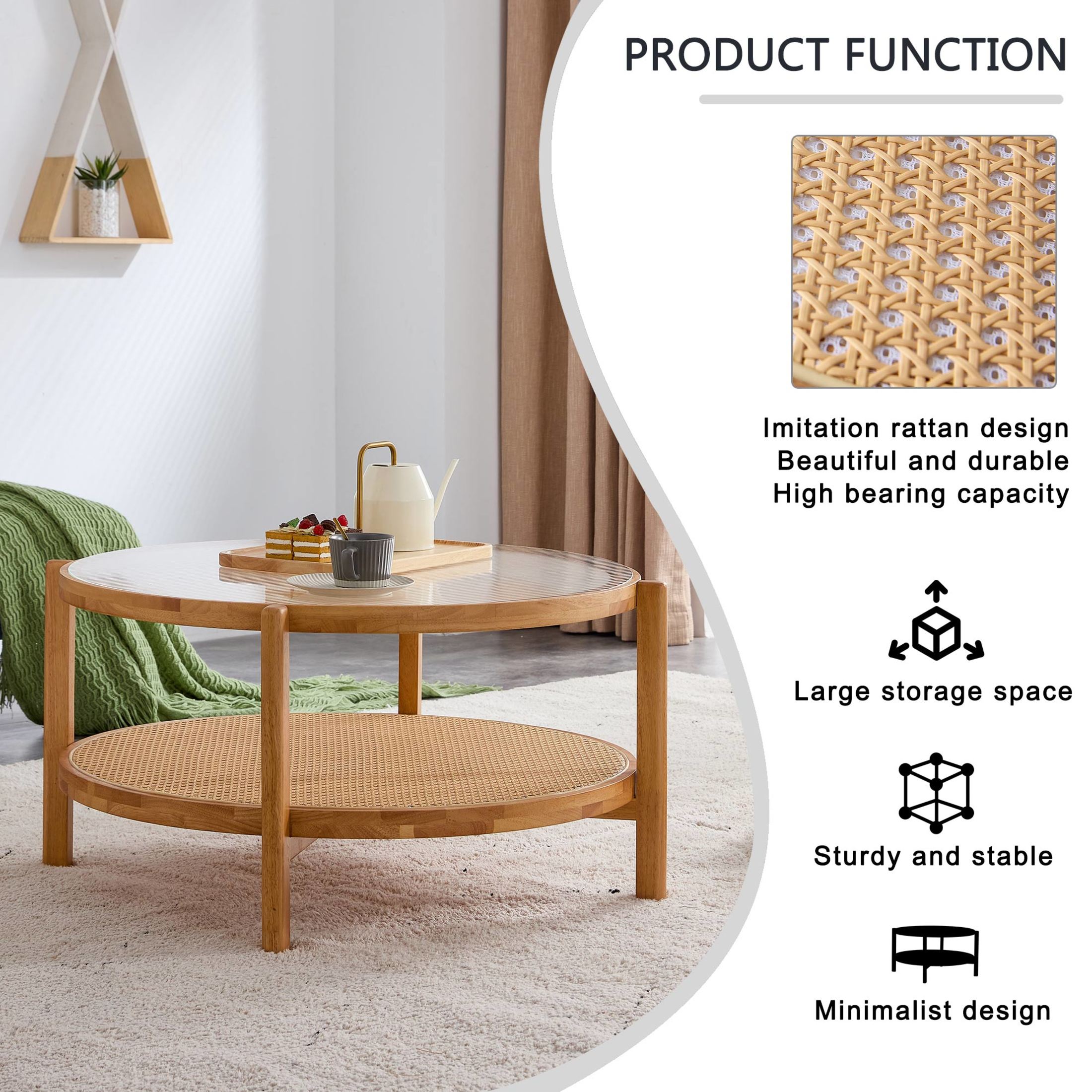 Noble House Double-Layer Round Tea Table, Solid Wood with Striped Glass Top & Rattan Shelf Coffee Table, Natural