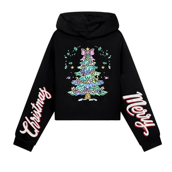 Christmas Tree Graphic Hoodie Long Sleeve Pullover Sweatshirt Holiday Theme Casual Loose Fit Hooded Top for Women Teen Girls Adults
