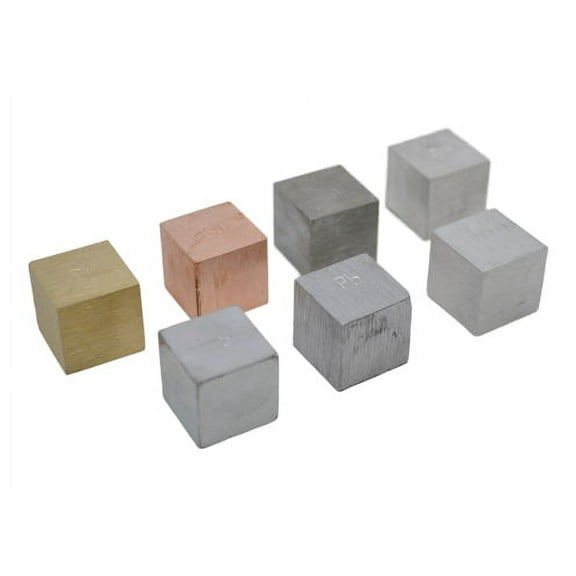 Density Cubes Set - Includes 7 Metals - Brass, Lead, Iron, Copper, Aluminum, Zinc & Tin - 0.8" (20mm) Sides - For use with Density, Specific Gravity Activities - Eisco Labs