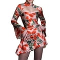 thumbnail image 2 of Qmyliery Women Bodycon Dress, Floral Print High Neck Hollow-Out Long Flared Sleeve One-Piece for Ladies, Red, 2 of 9