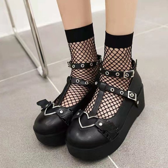 STRANDCHIC 1 Pair Black PU Round Toe Shoes with Thick Sole Stylish Comfortable Casual Footwear for Women