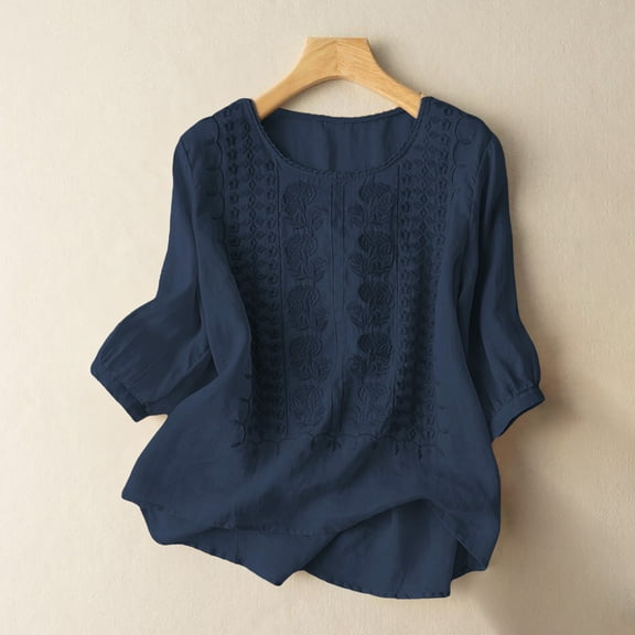 Women's Short Sleeve T-shirt Women'S Fashionable Casual Solid Color Pleated Cotton And Linen Tops Shirts And T Shirts,Blue Women's Short sleeve T-shirt L