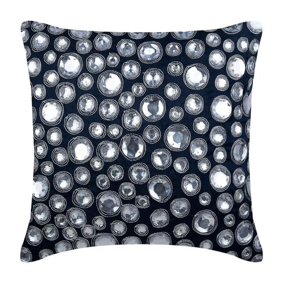 Decorative Pillow Covers, Navy Blue Decorative Pillow Cover, 20x20 inch (50x50 cm) Silk Pillow, Square Diamante Crystals Handmade Embroidered Pillow Cover, Blue - Navy Night Diamonds