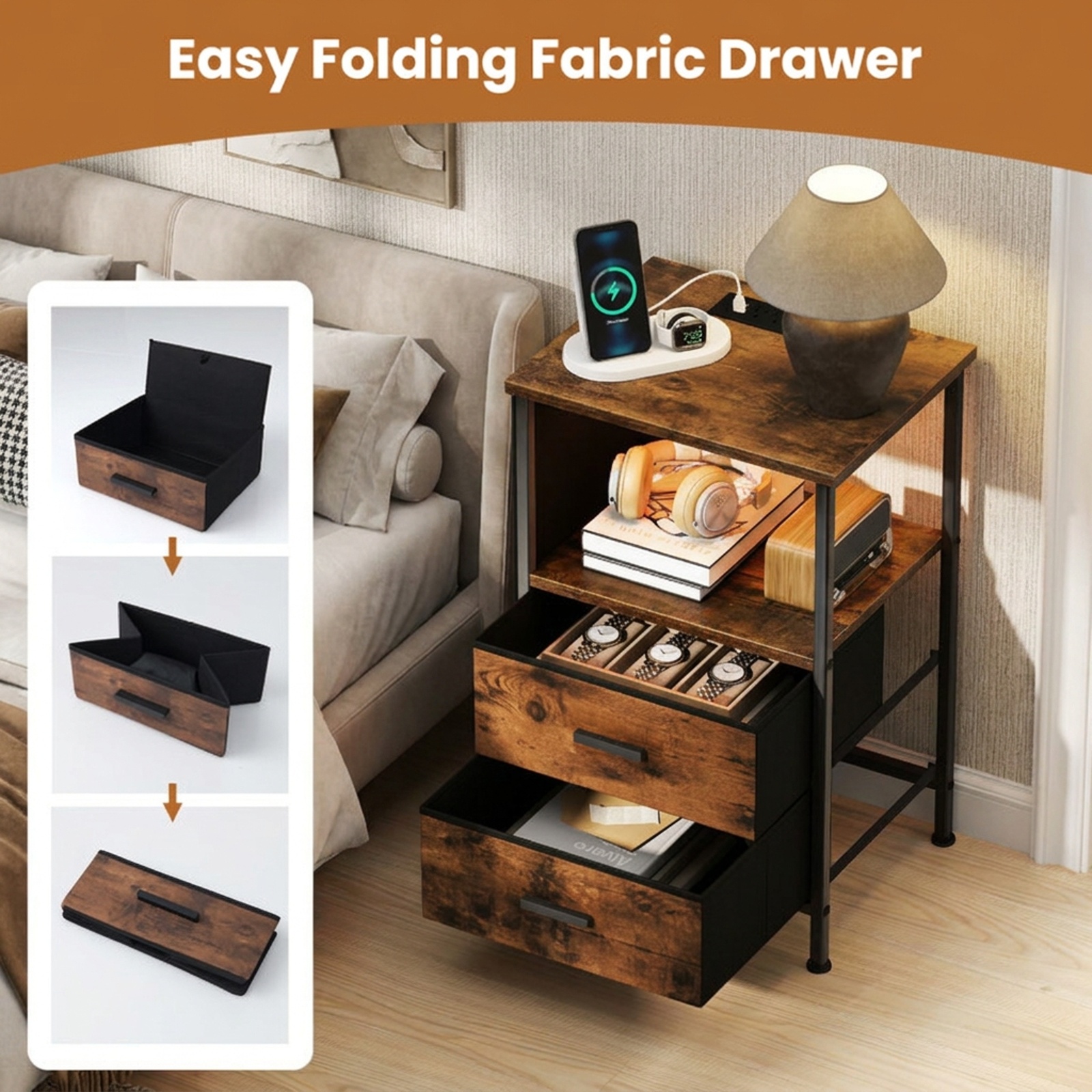 Furnibear End Table with Charging Station Set of 2 Nightstand with 2 Folding Fabric Drawers for Bedroom Living Room Bedside Sofa Side Small, Coffee