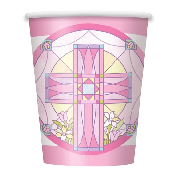 9oz Paper Pink Sacred Cross Religious Cups, 8ct