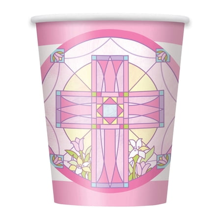 9oz Paper Pink Sacred Cross Religious Cups, 8ct