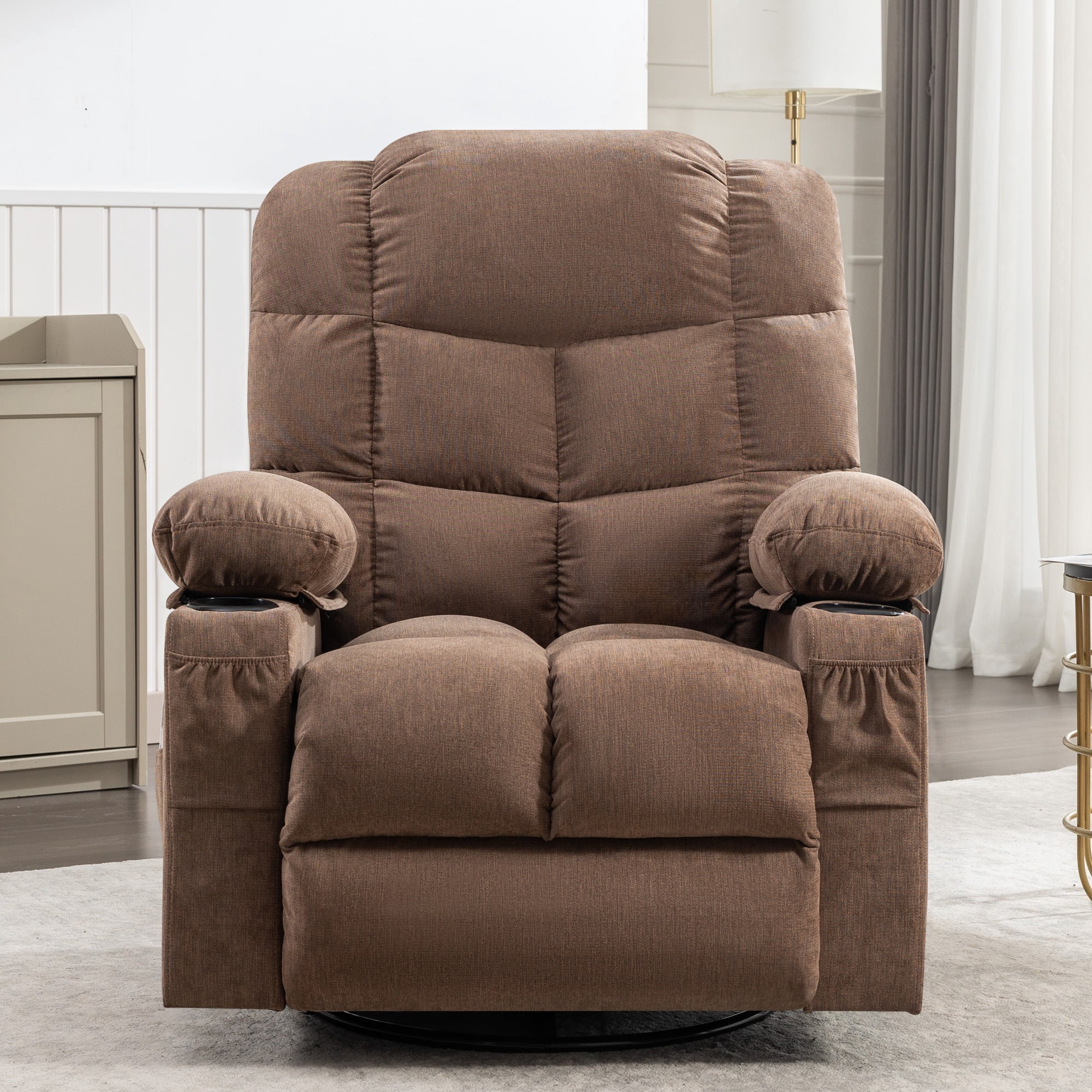 Swivel Rocker Chair, LEGAHOME Manual Glider Rocking Chair for Nursery with Massage and Heat, 22.8in Glider Massage Recliner Chairs for Adults, with Cup Holder and Side Pocket, Brown