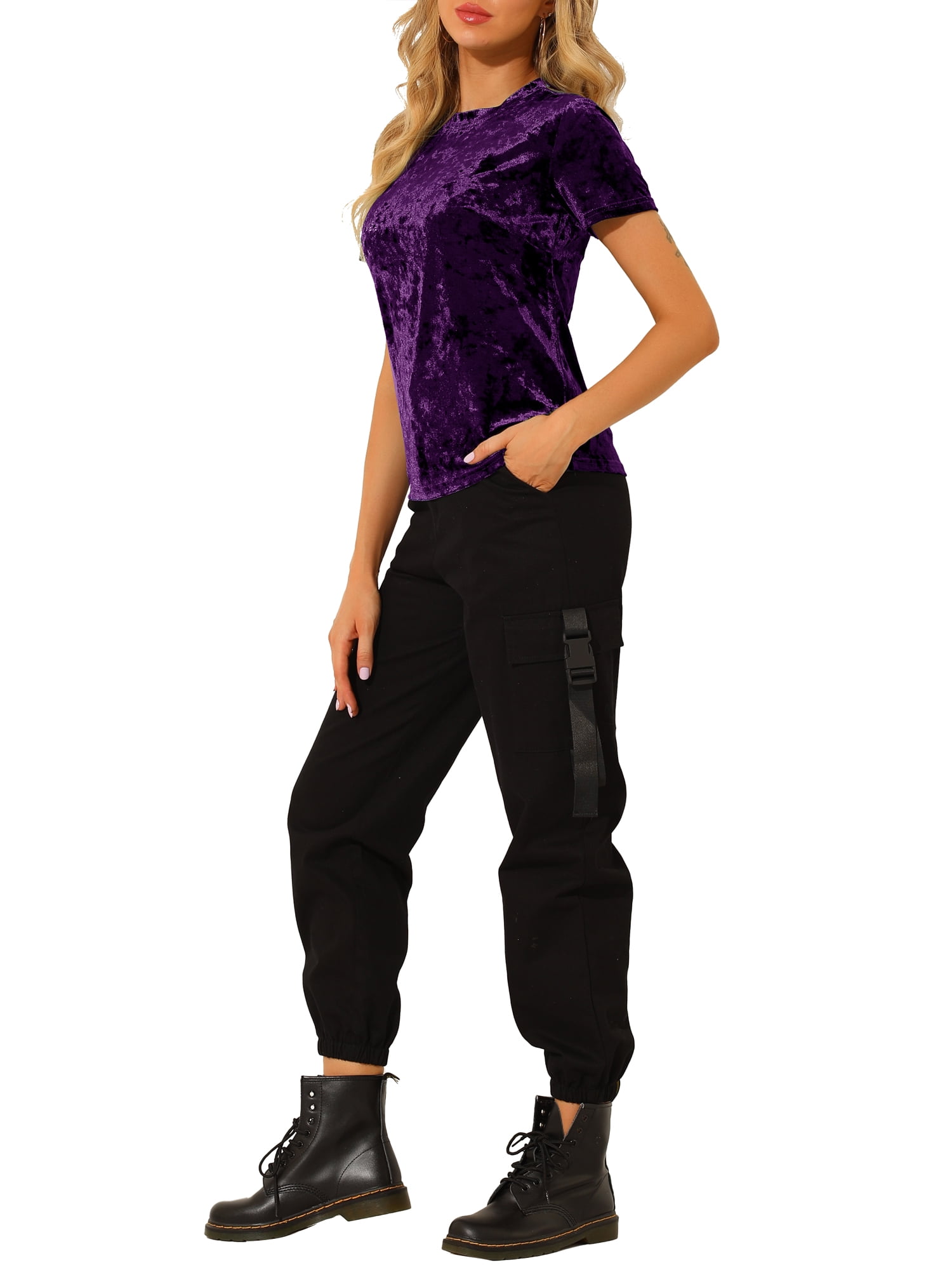 DARING DIVA Women's Velvet Blouse Tops Crew Neck Short Sleeve T-Shirt L Purple