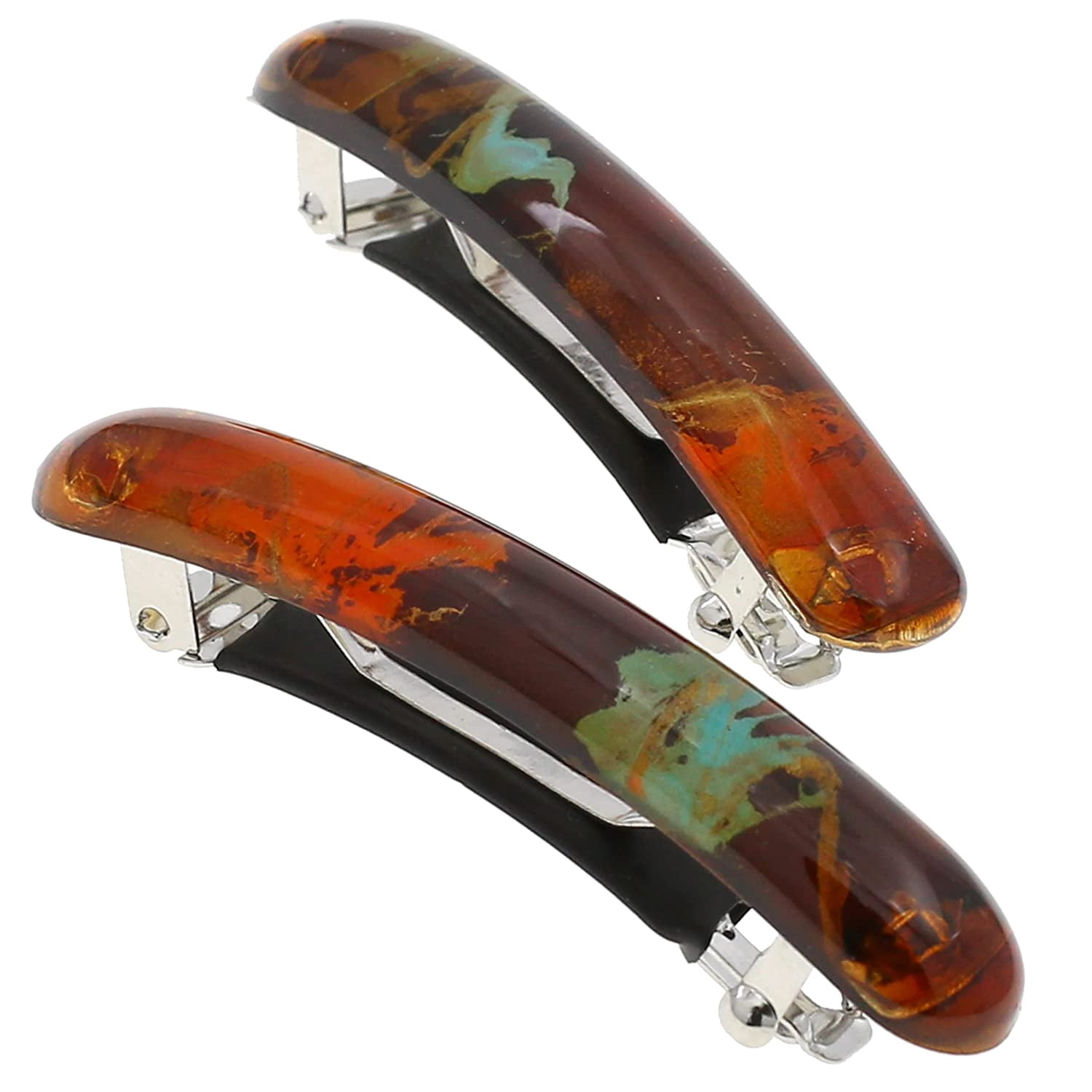 Camila Paris CP3328 French Hair Barrette Clip for Girls, Orange Small Set of 2 Strong Hold Grip Hair Clips for Women, No Slip Rubberized Automatic Clasp Styling Girls Hair Accessories, Made in France